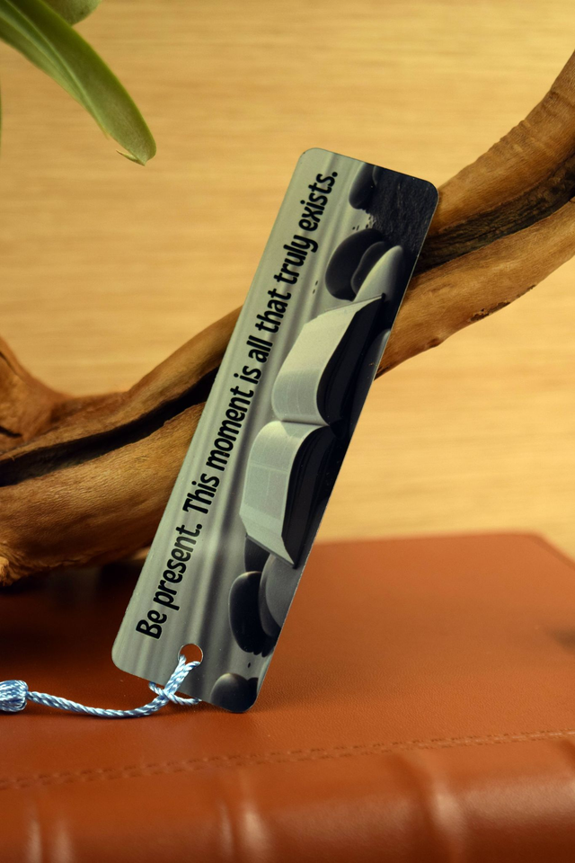 &quot;Monochrome Mindfulness Aluminium Bookmark – ‘Be Present’ Inspirational Design