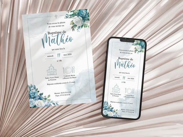 Invitation Baptême Fleurs &amp; Blush bleu