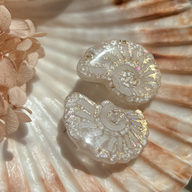 Gold and White Nautilus Shell Stud Earrings
