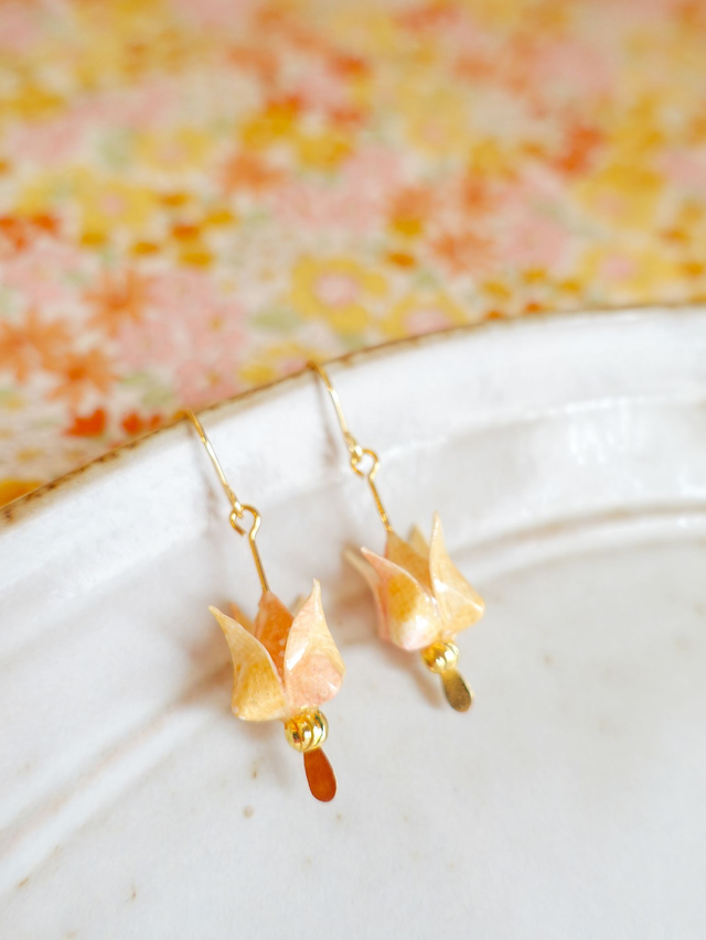 Plaqué or 18k / Origami MINI bouton de lotus / Papier japonais washi / Jaune, Orange, or / Bijou japonais origami / Boucles d'oreilles /
