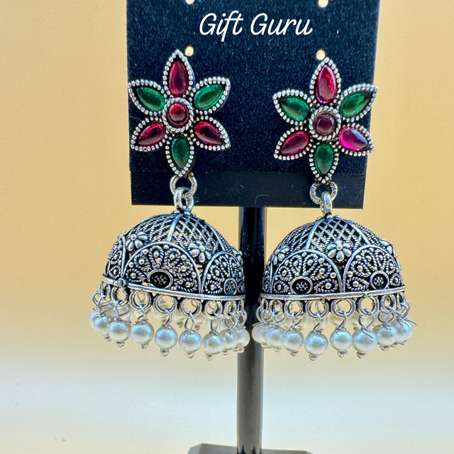 Oxidised Ruby Green stone jhumkas 