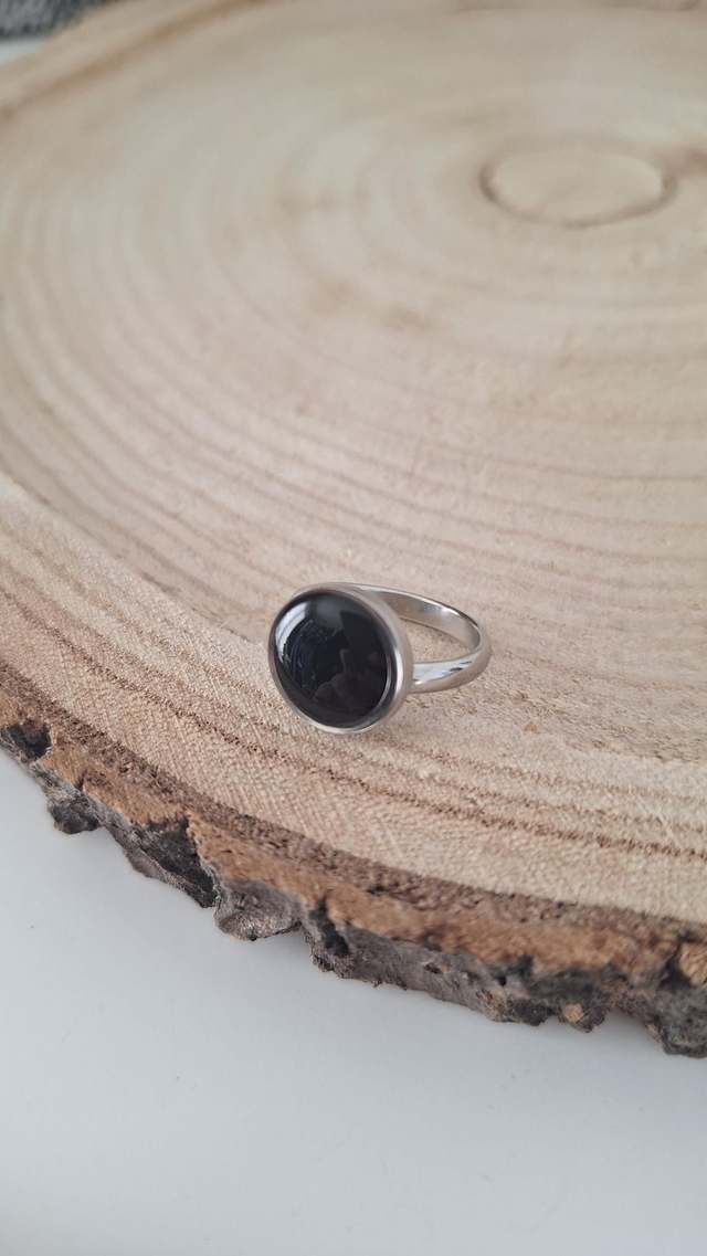 Bague réglable argenté rond noir 