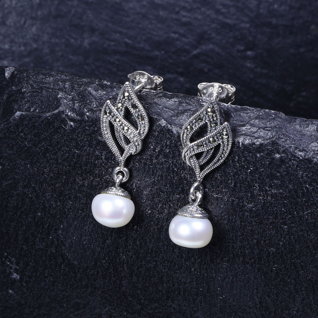 Vintage Sterling Silver 925 Art Deco Style Cream Coloured Fresh Water Pearl Marcasite Gemstone Flame Feather Drop Dangle Design Earrings