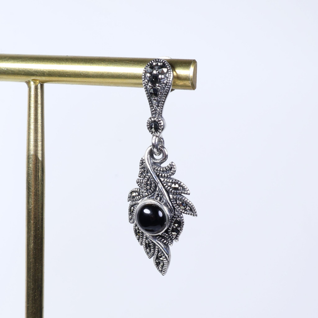 Sterling Silver 925 Art Deco Style Round Cabochon Cut Black Onyx Marcasite Gemstone Feather Design Drop Dangle Earrings