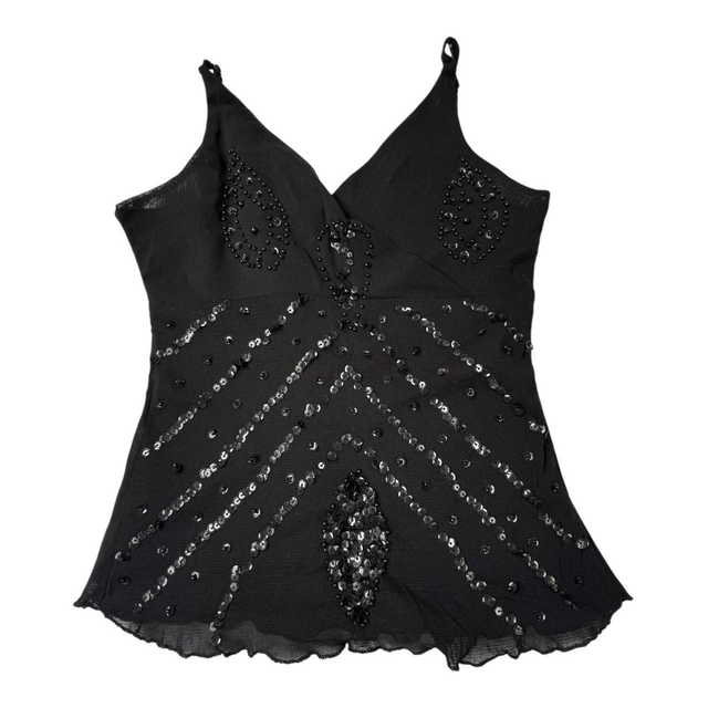 y2k black mesh sequin and beaded cami top 