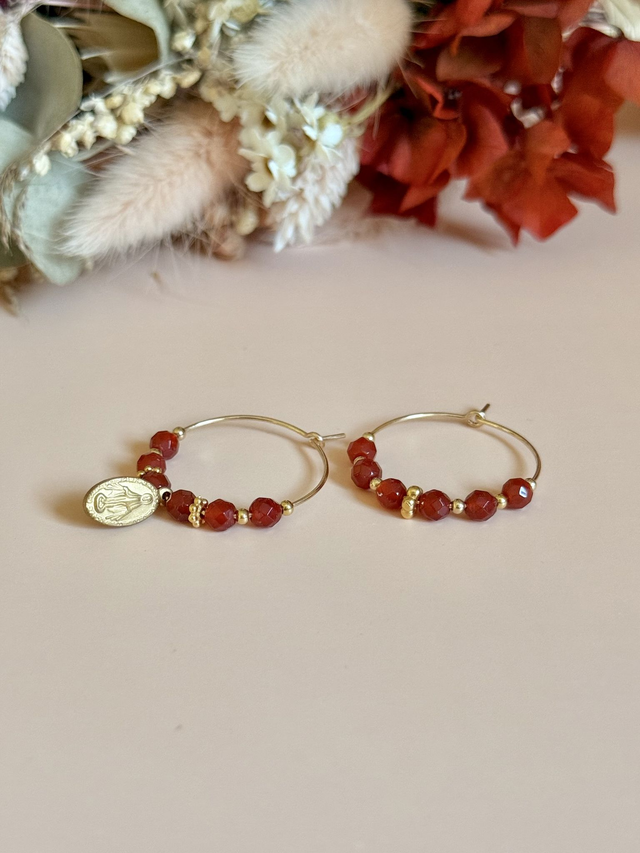 Créoles "Médaille Miraculeuse" Cornaline, Collection "Sacrée"