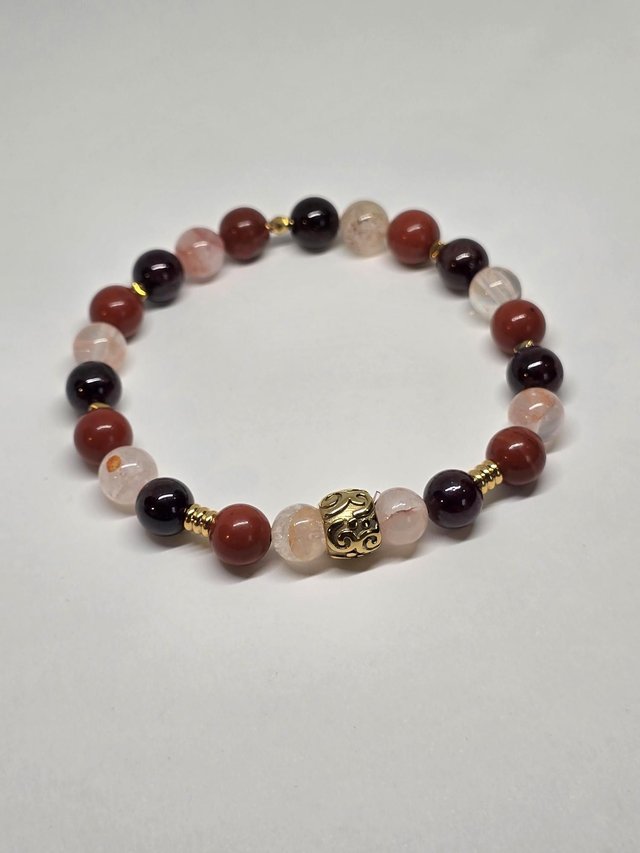 Bracelet Énergie vitale : Grenat, Jaspe rouge, Quartz hématoïde en 0,8 cm