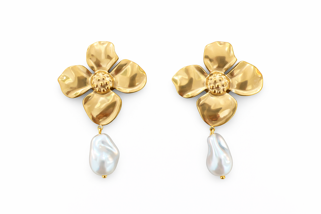 Pendientes acero dorado flor y perla 