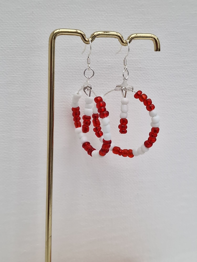 Boucles D'oreilles Créoles Pendantes Acier Perles Rouges Blanches