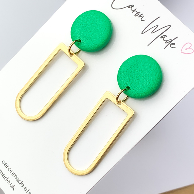 Green dangle earrings with brass charm  - surgical steel posts