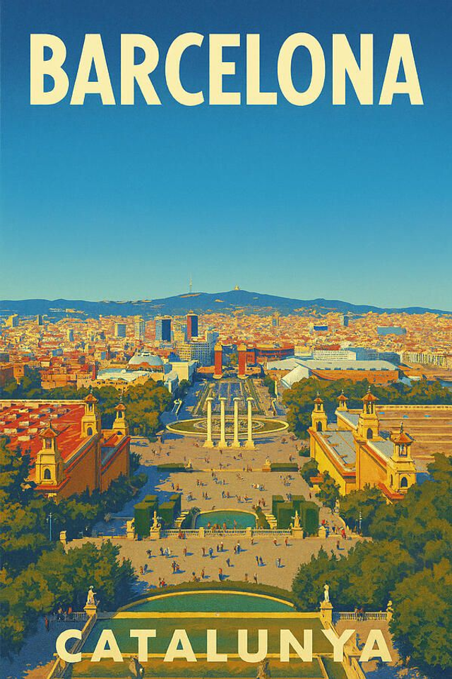 Póster de Viaje Vintage de Barcelona (Cataluña): Vista de Montjuic a la Plaça d'Espanya