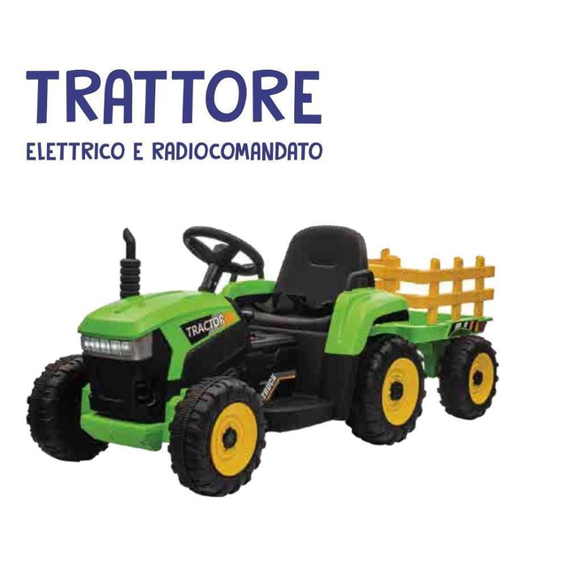 TRATTORE ELETTRICO C/TELECOMANDO 12 V VERDE  CON RIMORCHIO (1)