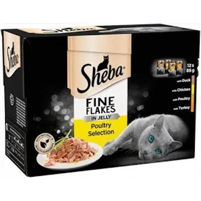 Sheba Fine Flakes In Jelly Duck, Chicken, Poultry &amp; Turkey 12 X 85g