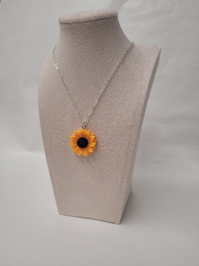 Resin yellow sunflower charm necklace - 18inch silver plated - HBH-055