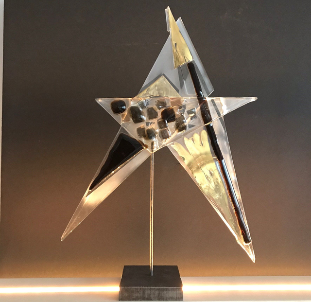 o11 Vergoldeter Glasstern auf Stab. Mosaik Dekor . Unikat . o/ 31.5 cm / Höhe 32 cm