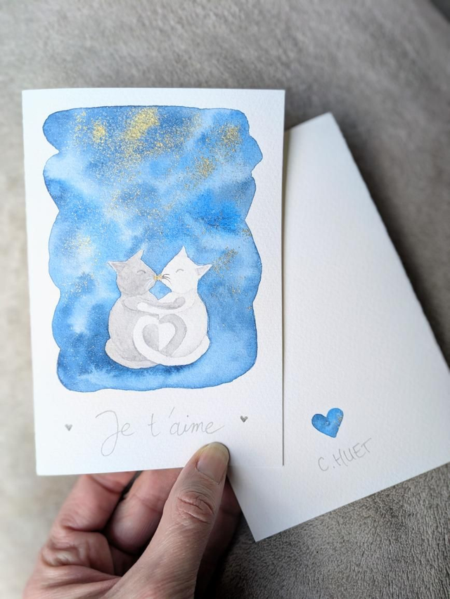 Cartes chats et coeurs, paillettes d'or - collection exclusive