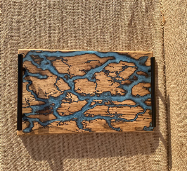 Plateau électrique chêne et résine bleu #1