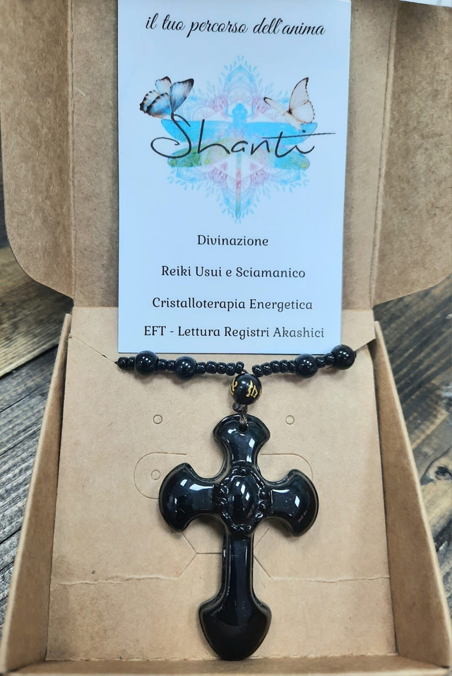 Amuleto unisex croce in ossidiana nera