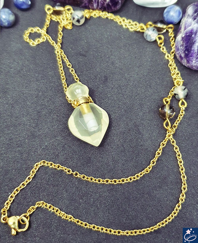 Sautoir bouteille en citrine avec perles d&#039;agate veine de dragon et quartz fumé 