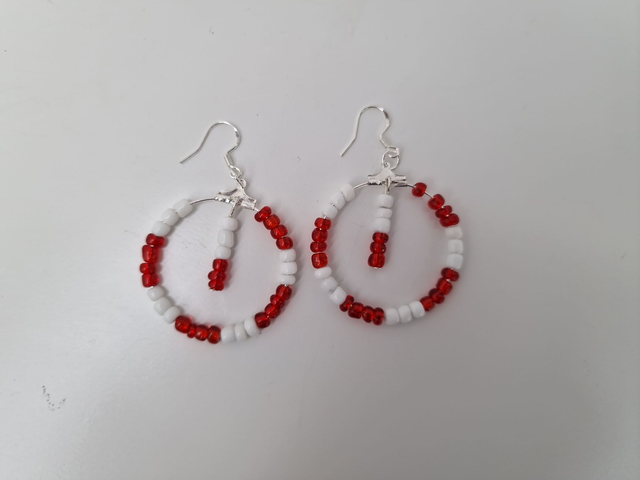 Boucles D'oreilles Créoles Pendantes Acier Perles Rouges Blanches