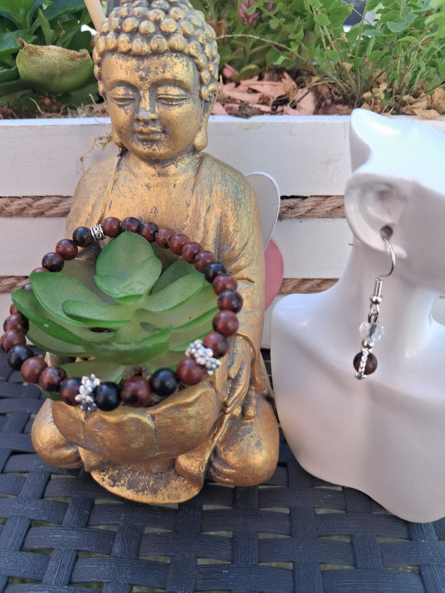 Bracelet Obsidienne acajou + boucles d'oreilles 