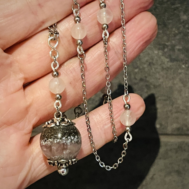 Crystal Energy Sphere Drop Pendant with Rose Quartz/metal shavings & infinity symbol