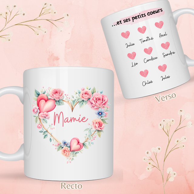 Mug Mamie coeur rose PERSONNALISABLE