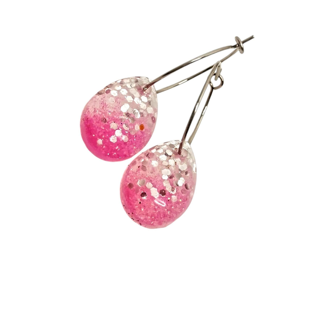 Petites Créoles gouttes bombées rose Barbie acier inoxydable 