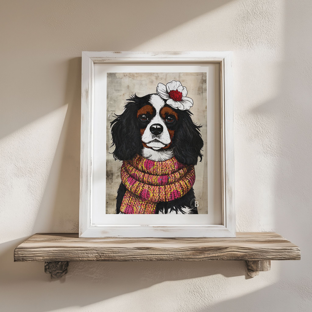 King Charles Cavalier Dog In Floral Mixed Media Art Print A4