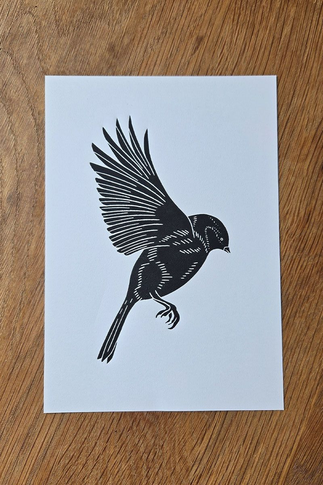 Linogravure oiseau mésange – Linogravure artisanale imprimée à la main à l’encre noire