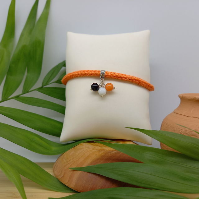 Parure orange et argentée - Bracelet tricoté orange et argenté