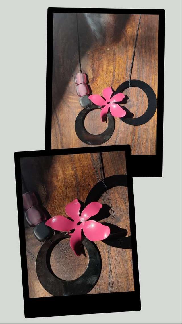 Sautoir fleur fushia,grands cercles et verre rose, violine &amp; noir.monté sur fil de lin réglable, pièce unique 