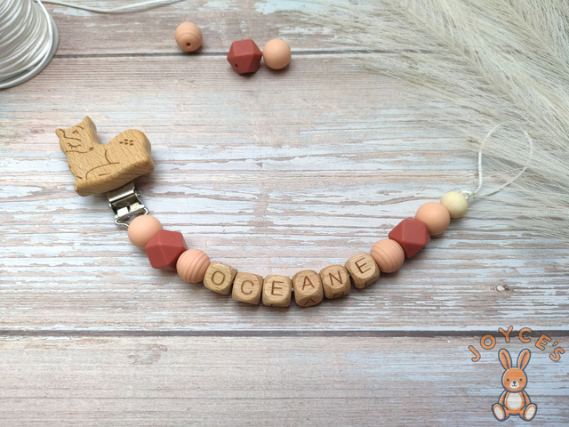 Attache tétine personnalisé pêche et terracotta - Modèle Océane - prénom 6 lettres max