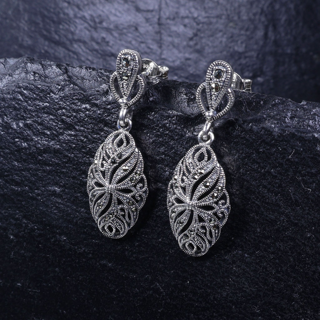 Pair of Elegant Sterling Silver 925 Art Deco Style Marcasite Gemstone Ornate Floral Oval Shield Design Drop Dangle Earrings