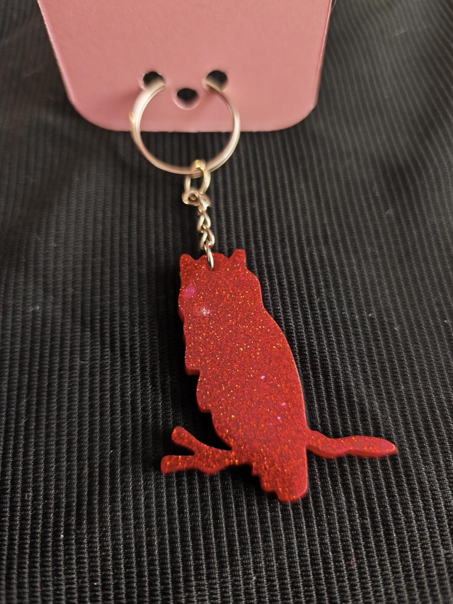 Porte-clé hibou rouge pailleté 
