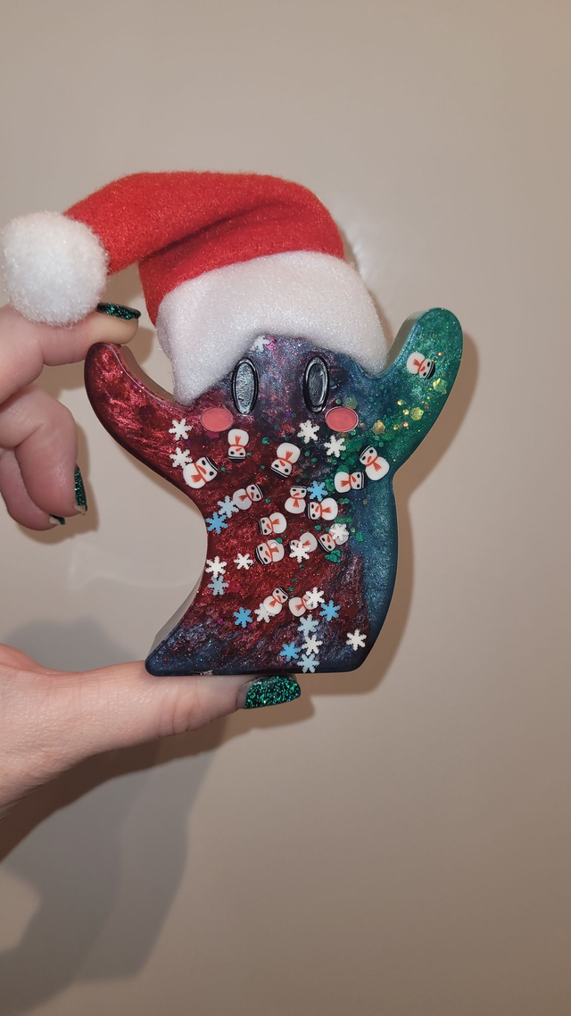 Christmas Ghost Ornament - with Santa Hat, Snowflakes & Snowmen – Red & Teal – Limited Edition Festive Shelf Decor