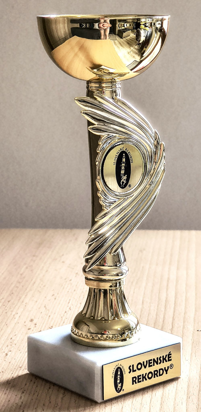 Pohár s malým kalichom , so štítkom, a okrúhly štítok Slovenské rekordy -  logo, výška 17 cm.  Bez poštovného a balného.