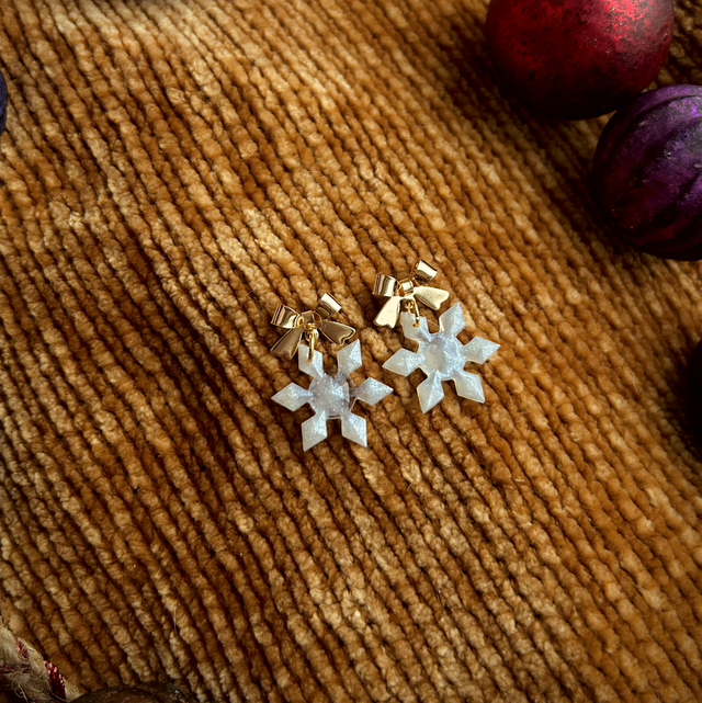 Snowflake and Bow Stud Earrings Dainty - Gold and White
