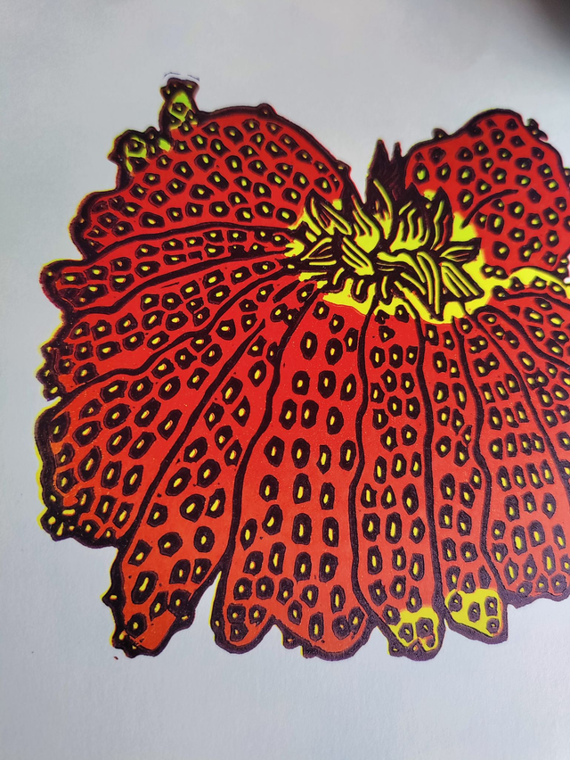 impression linogravure Fraise monstrueuse "Monstrous" A5