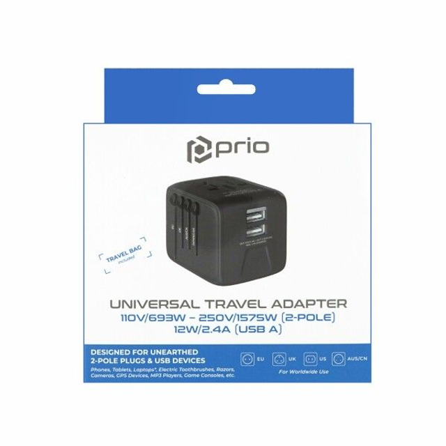 prio World Travel Adapter 2.4A nero