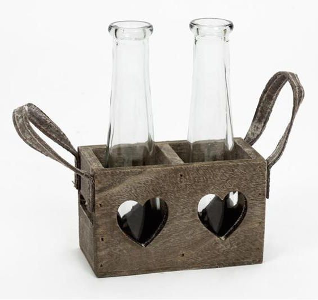 2 Glass Bottles In A Wooden Hearts Stand With Handles
