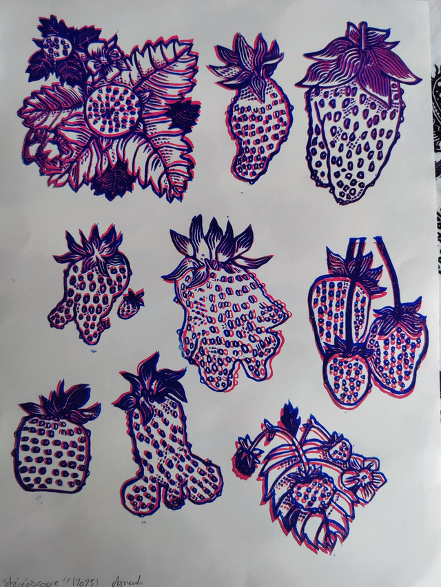 impression linogravure fraises "Collection" bicolore 24X32cm