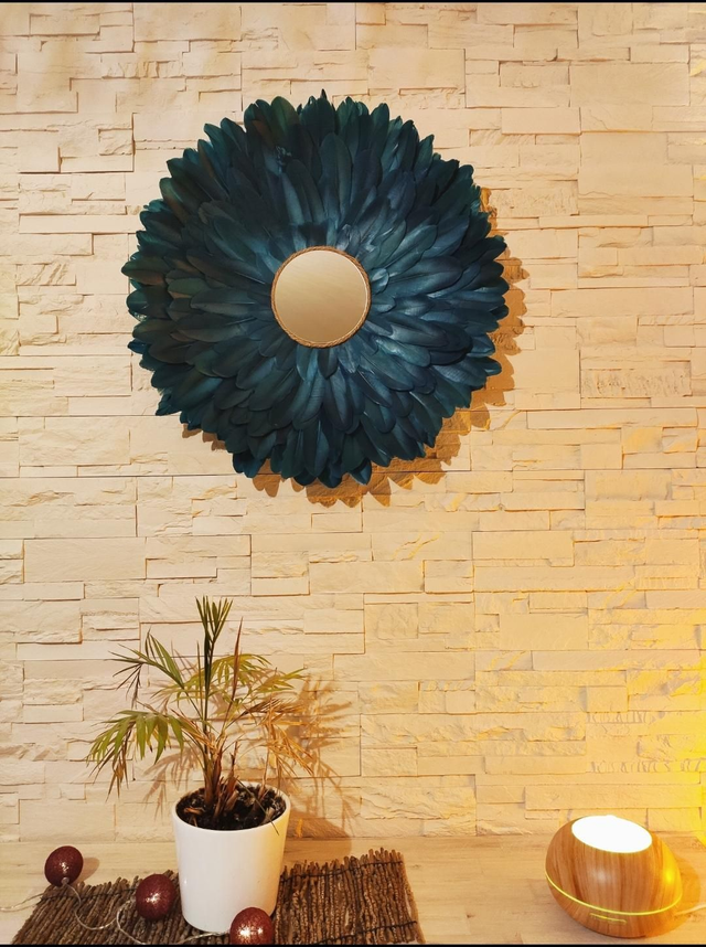Jujuhat plumes turquoise et dorées jute dorée et miroir