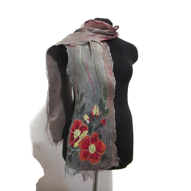 Sciarpa feltro lana merino seta Sciarpa artistica Caldo lunga marrone Infeltrimento fatto a mano