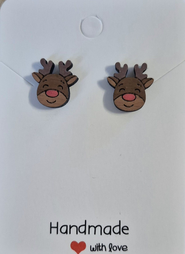 Rudolf the Red Nosed Reindeer Wooden Stud Earrings  