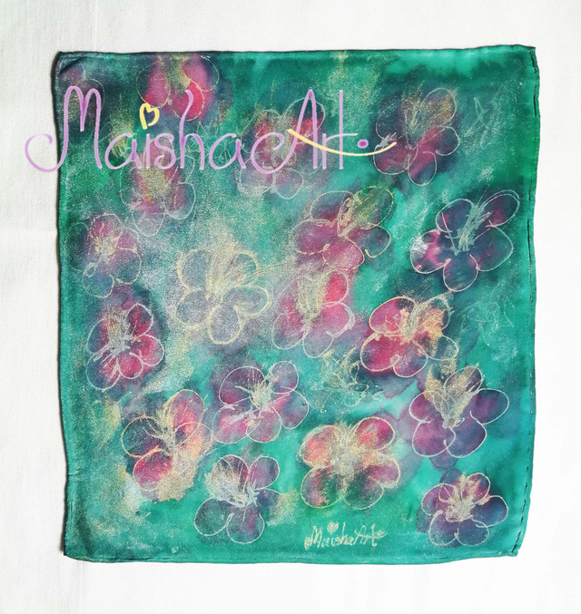 Unikaten, Ročno poslikan Svilen Robček, Čarobne Rože