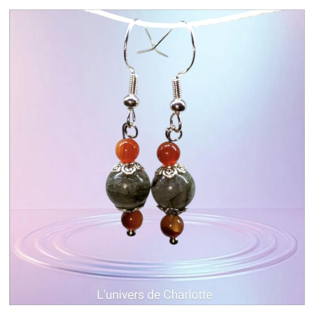 Boucles d&#039;oreilles &quot;Labradorite &amp; Cornaline&quot; BO-052