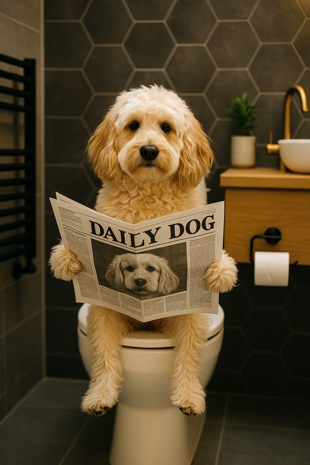 Cockerpoo on the Toilet Framed Canvas