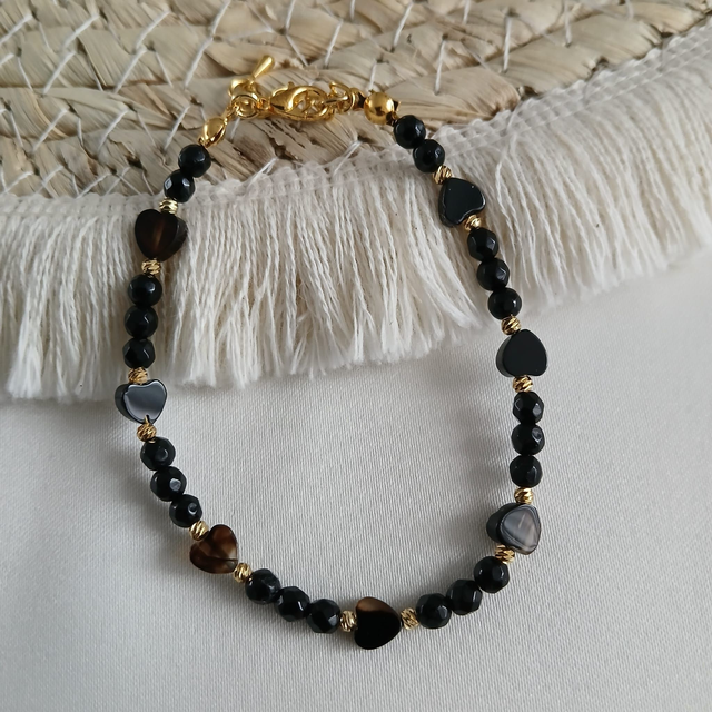 Dames armband Agaat met hartjes – goudkleurige RVS – verstelbaar (1.322)