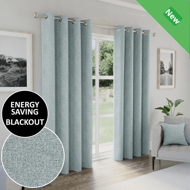 Enhanced Living Austin Blue 100% Blackout Textured Linen Look Readymade Eyelet Curtains